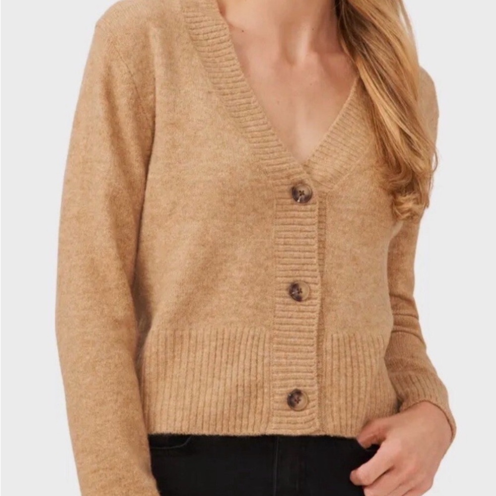 CeCe Camel V-Neck Button Front Cardigan